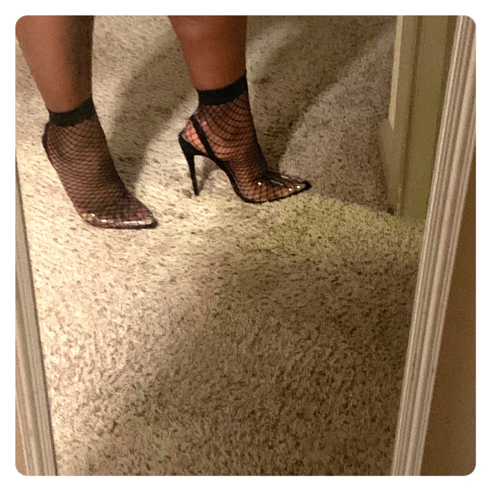 Clear Perspex Fishnet Heels in Black